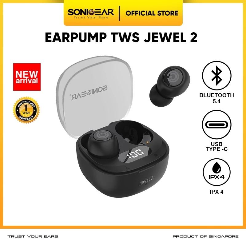 SonicGear Earphone EarPump TWS Jewel 2 ENC Bluetooth 5.4 Wireless Earbuds with Battery Percentage Display