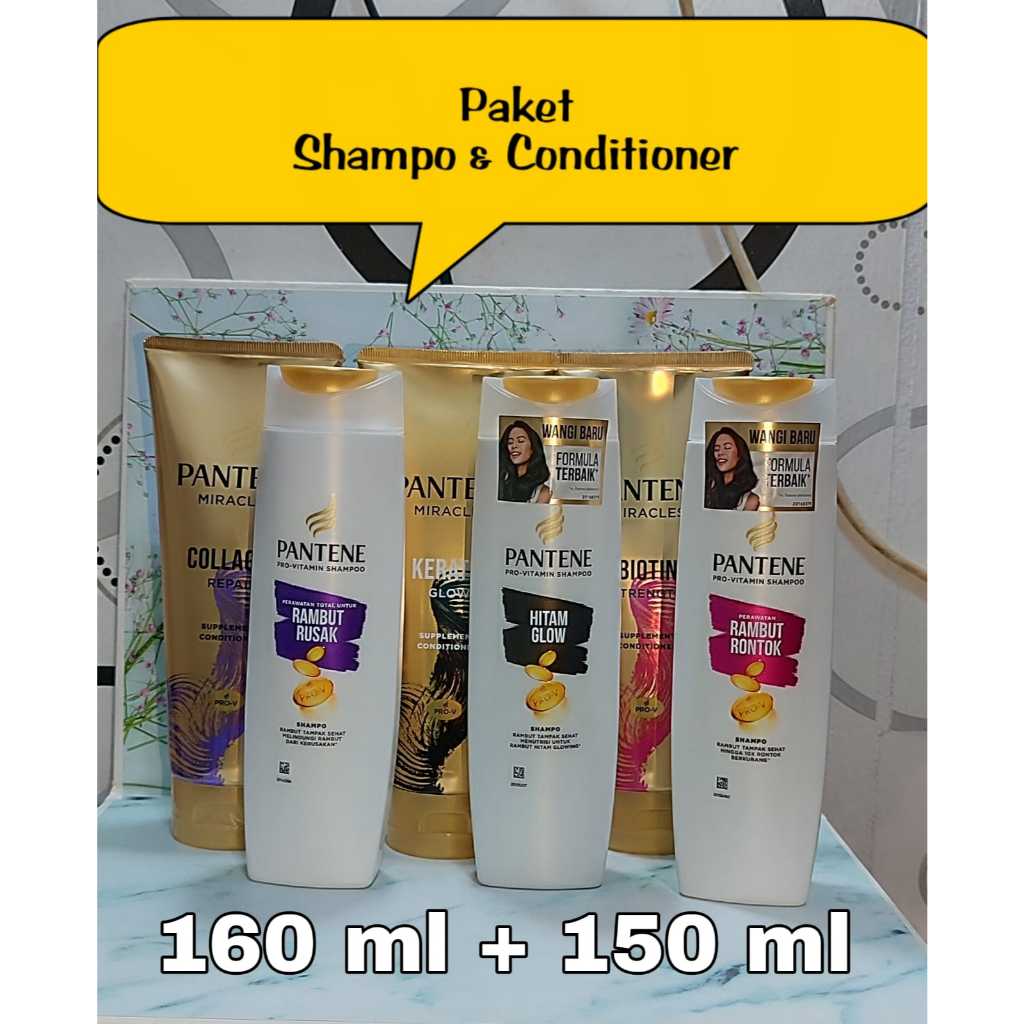 Pantene Paket Shampo 160ml + Kondisioner 150ml Collagen / Keratin / Biotin Shampoo - Perawatan Rambut Rusak / Rontok P&G Travel Size