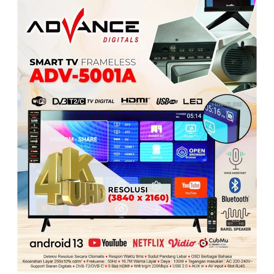 Jual Smart Android TV Digital Advance Frameless 50