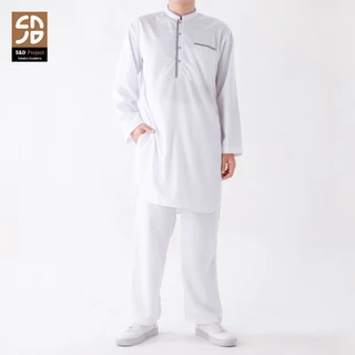 S&D Project Setelan Kurta Koko Katun Toyobo Polos Jumbo Lengan Panjang Kerah Mandarin S M L XL XXL 3XL 4XL - Putih