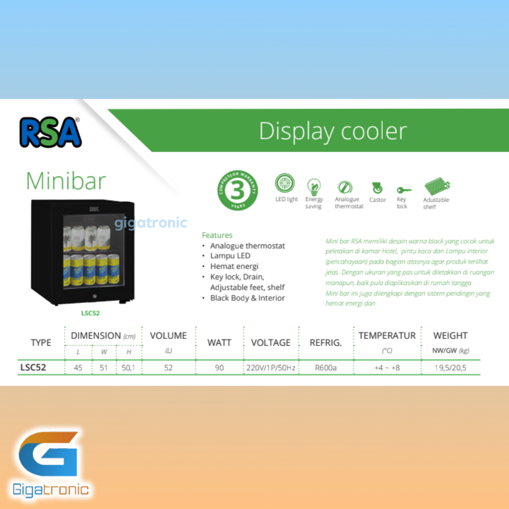 Jual Kulkas Mini Bar RSA 52 Liter LSC52 Portable Showcase Cooler ...