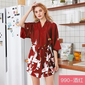 FG Kimono Panjang Dan Pendek Bahan Satin Premium Motif Flamingo Baju Tidur Pengantin BD08 09