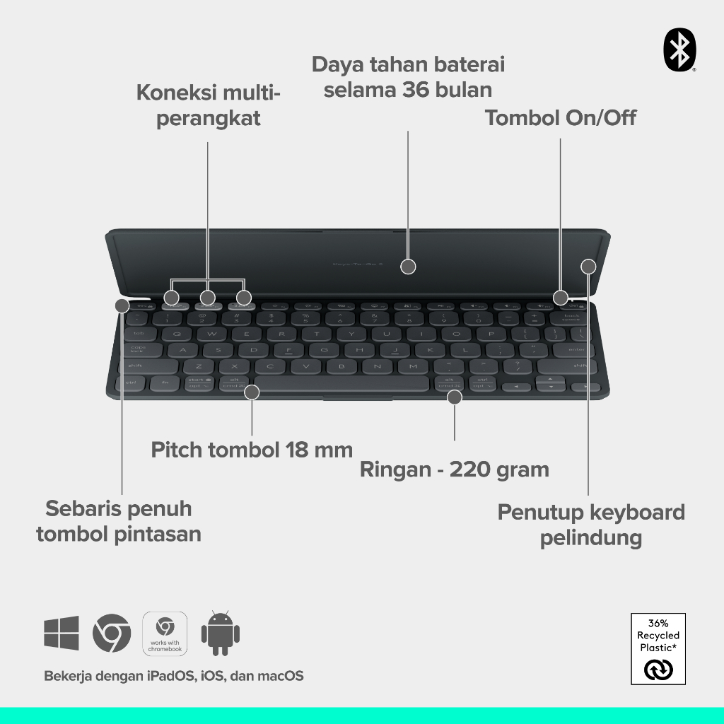 Logitech Keys-To-Go 2 Keyboard Bluetooth, Wireless (Nirkabel), Portable, Desain Ramping dengan Penutup Internal dan kompatibel  untuk Windows, Android (7)