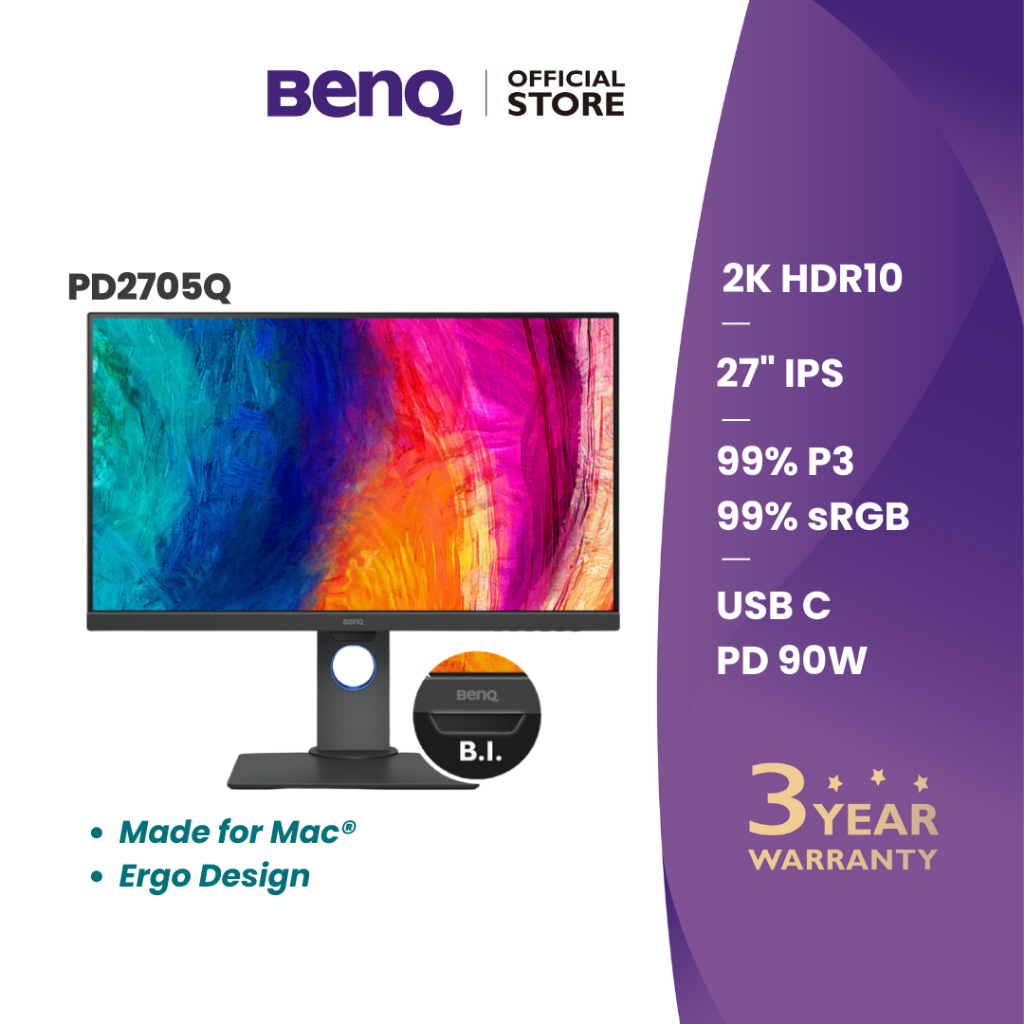 BenQ PD2705U Écran 27 Pouces 4K Pour Les Designers, IPS, Technologie AQCOLOR, 99% SRGB, 99% Rec. 709, Étalonné En Usine, Uniformité, Delta E ≤ 3, 65W USB- C, HDMI, DP, KVM, Compatible Avec MacBook