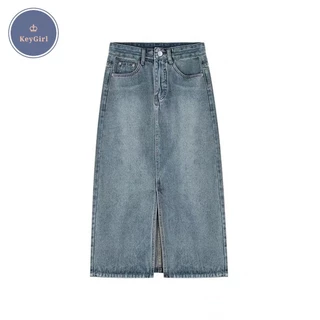 KeyGirl JUMBO 5XL New Biru Highwaist Fashion Jeans Rok Wanita Korea Style/rok jeans belah depan skirt a line