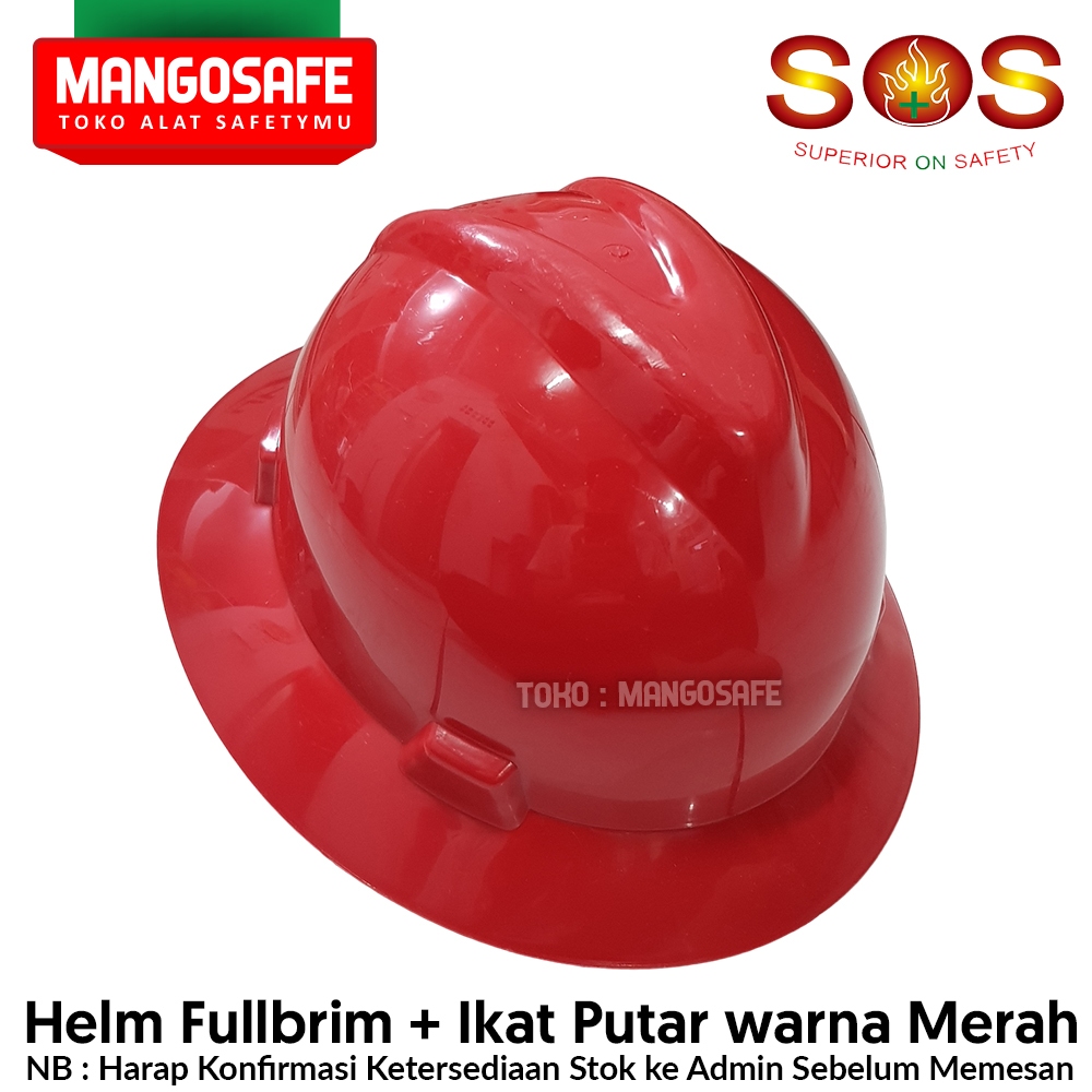 Jual Helm Safety Proyek Full Brim Merah merek SOS + ikat Kepala Putar ...