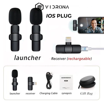 VIDRONA Mic Wireless Clip On Microphone Lavalier HP Plug Play Mic Konten Vlog Video Streaming