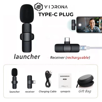 VIDRONA Mic Wireless Clip On Microphone Lavalier HP Plug Play Mic Konten Vlog Video Streaming