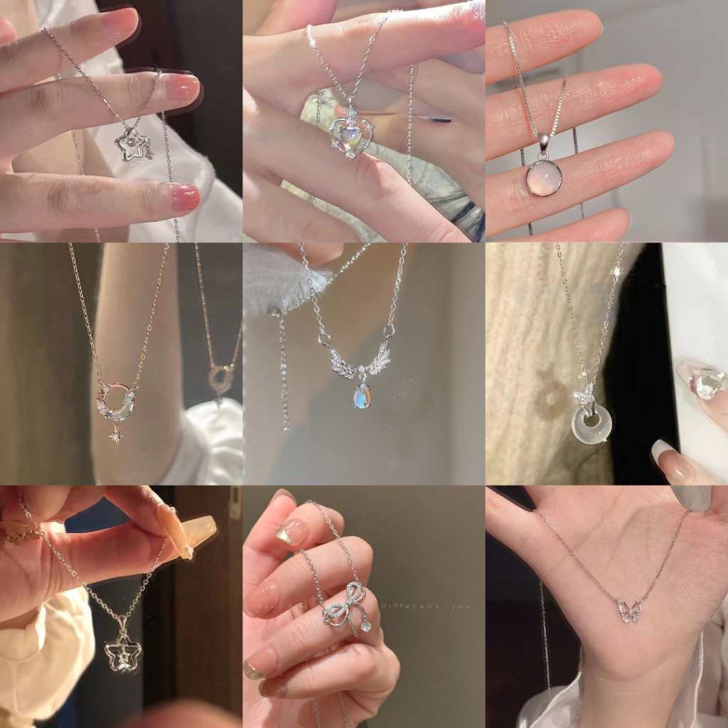 Gleam Kalung Rantai Klavikula Hias Liontin Batu Bulan Kristal Zirkon Gaya Korea Untuk Wanita Sayap Angel Wings Alloy Paduan