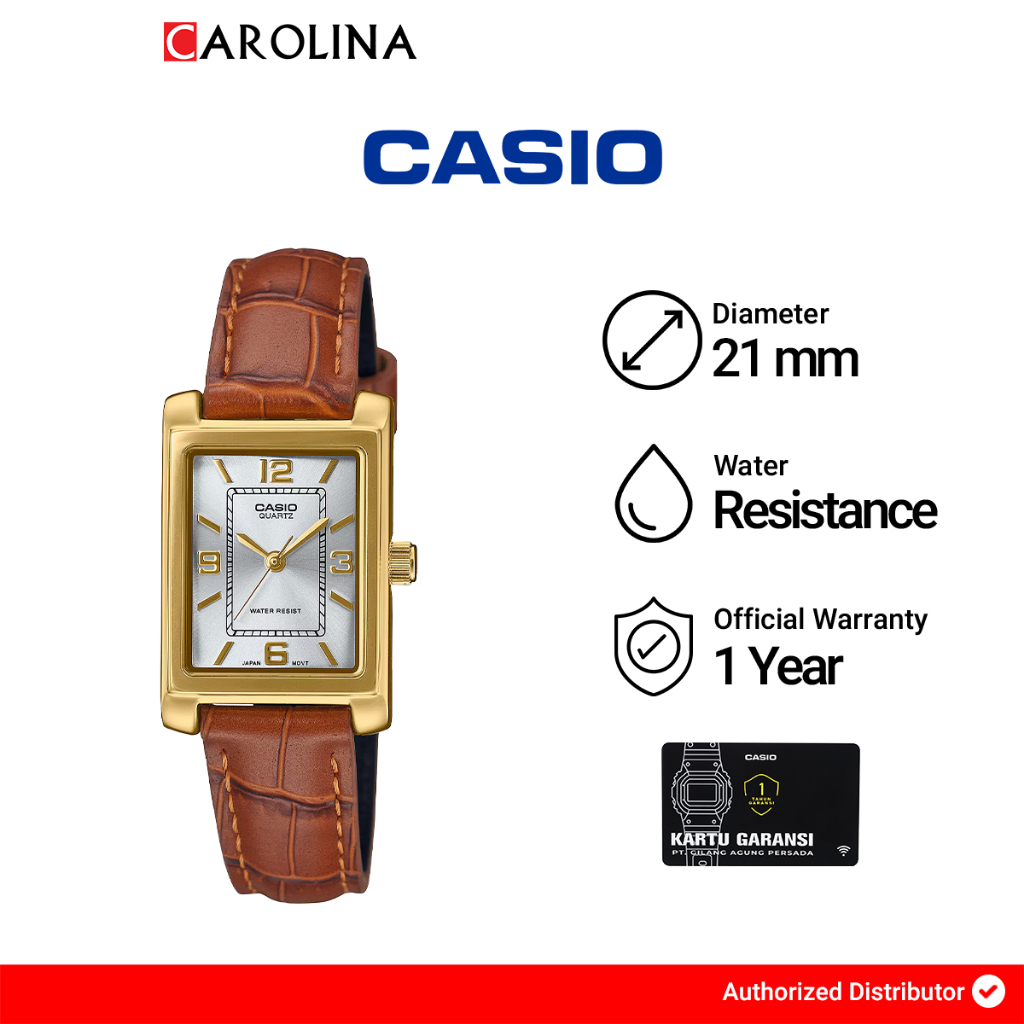 Jam Tangan Wanita Casio General LTP-1234GLL-7A Ladies Tank Analog Silver Dial Brown Leather Band