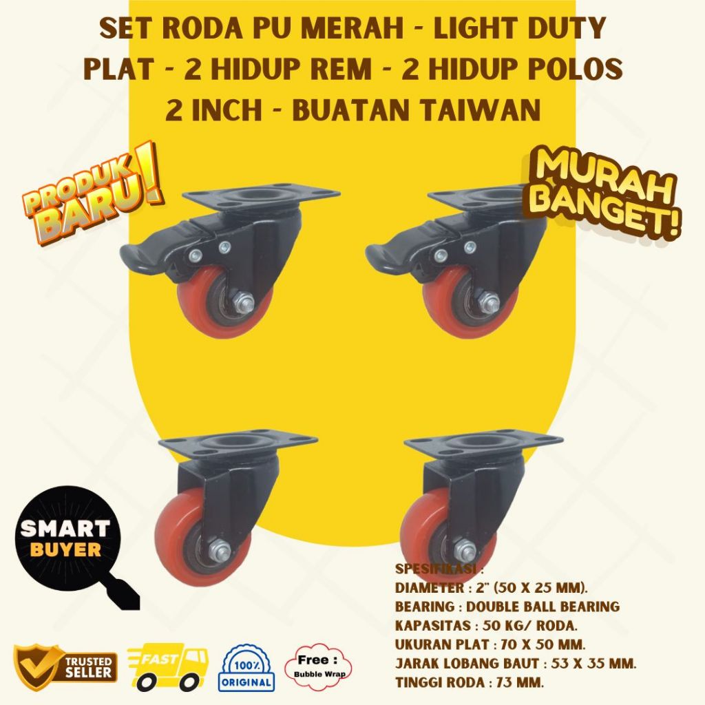 Jual TRJ Set 4 pcs Roda PU Merah 2 Inch Light Duty Double Bearing Rem ...