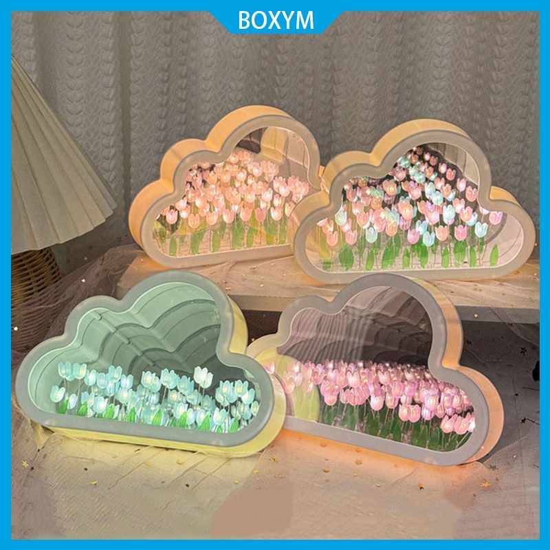 Qunkun DIY Tulpen nachtlampje - LED bloemen spiegel lamp, wolk tulp licht voor tafel, slaapkamer en woondecoratie (B