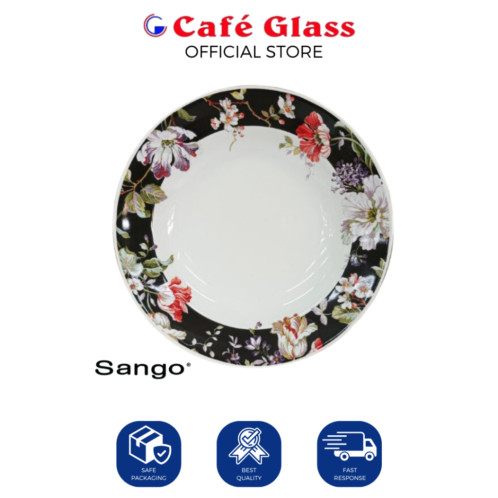 Sango Piring Makan Keramik Motif Bunga Daun - Soup Plate Ceramic Vintage Floral - Tulip, Giselle White, Giselle Black