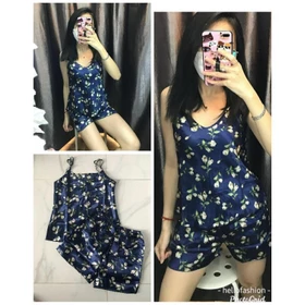 Stelan Sexy Satin Import Set Satin Tanpa Lengan Piyama Satin Tali 1
