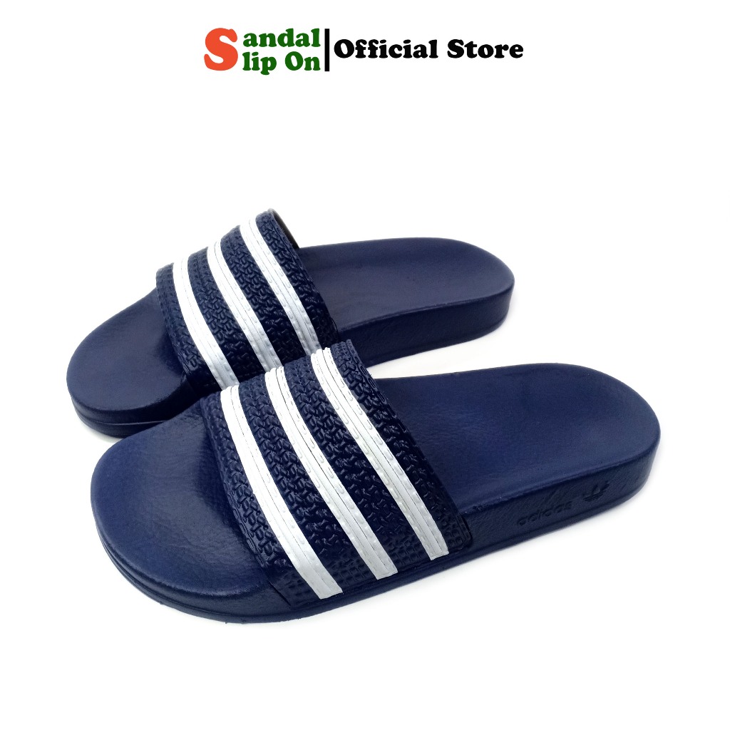 Sandal Selop Casual Adidas pria wanita tipe slip on warna navy garis putih  upper anyam grade premium