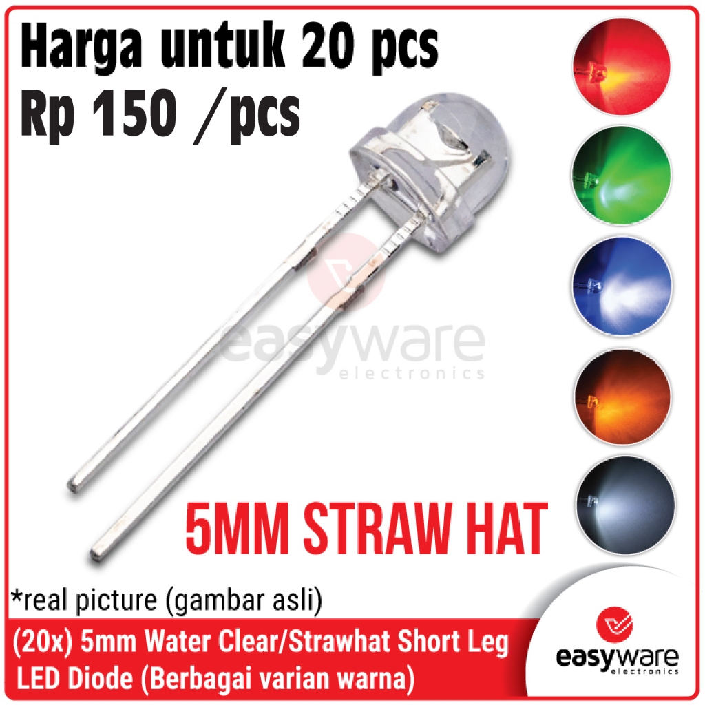 Jual [20 PCS] LED 5mm Strawhat Red/Green/Blue/Yellow/White Clear Lens ...