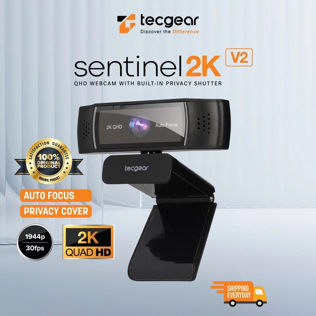 Webcam 2K dengan fitur privacy shutter tertutup untuk keamanan privasi pengguna