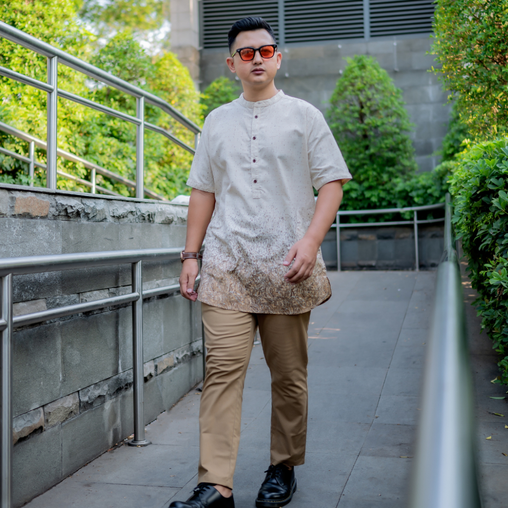 Rev Baju Koko Kurta Lengan Pendek Linen Motif Premium