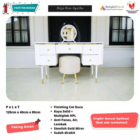 Meja Konsol Aesthetic Meja Rias Laci Kayu - MEJA AGATHA - 120cm Mewah List Gold Anti Rayap