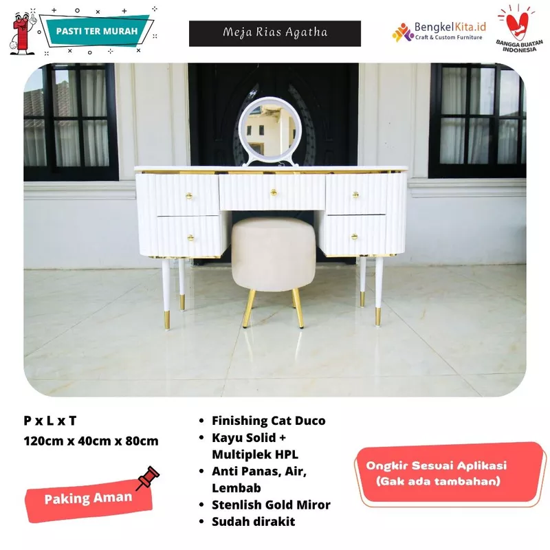 Meja Konsol Aesthetic Meja Rias Laci Kayu - MEJA AGATHA - 120cm Mewah List Gold Anti Rayap