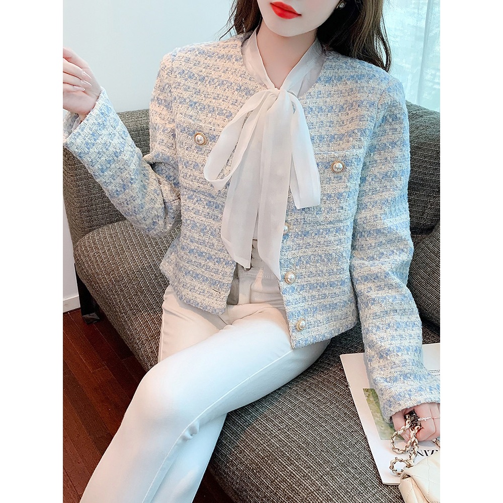 Jual Blazer Biru Tweed Blazer Wanita Crop Top Korean Style M601 ...