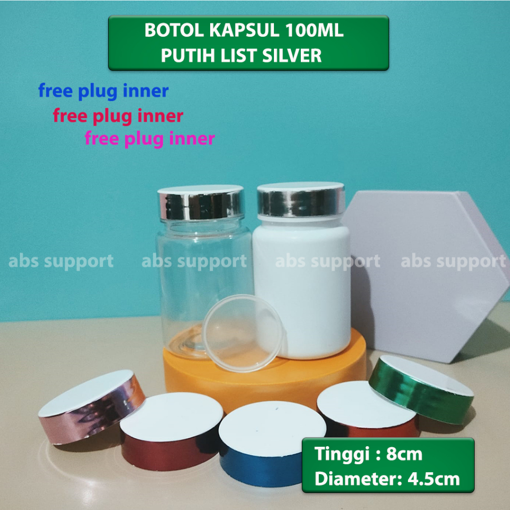 Jual Botol kapsul 100ml import putih Tutup silver + Plug Inner | Shopee ...