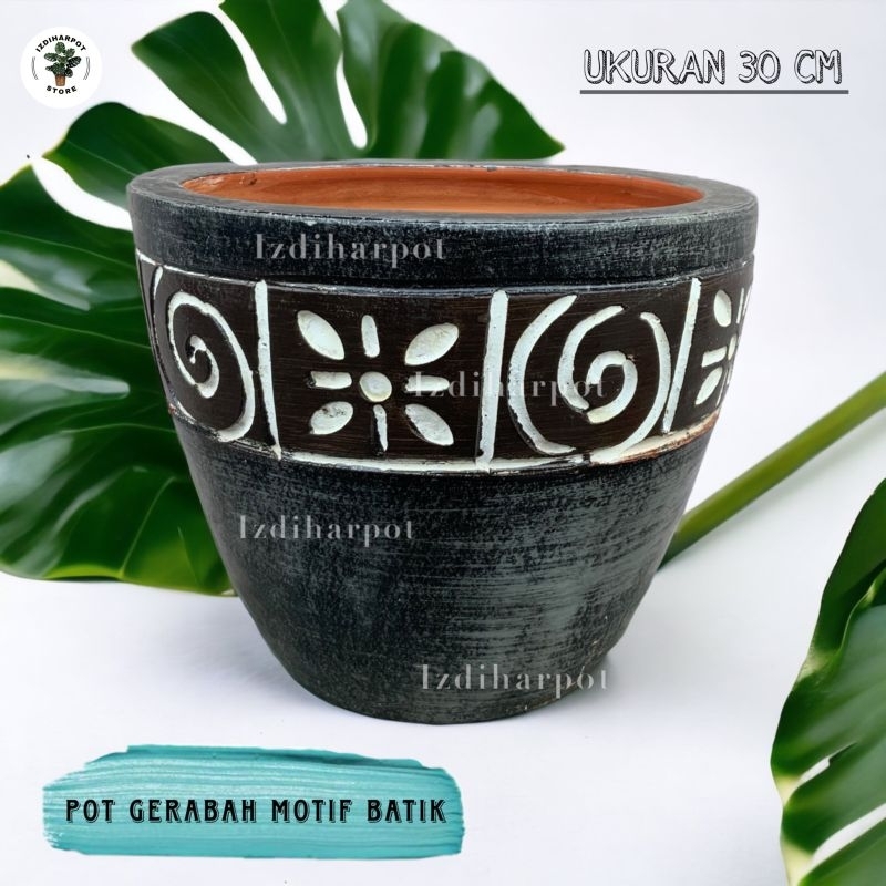 Jual Pot Bunga Tanaman Gerabah Tanah Liat Motif Batik Hitam D T