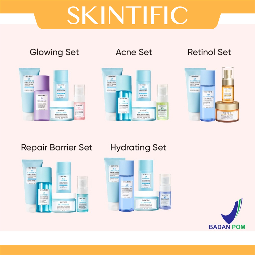 [Ready Stock] ori SKINTIFIC 5pcs with sunscreen - Paket Skincare Low pH Cleanser Face Wash + Moisture Gel Moisturizer+ Serum Sunscreen + Exfoliating Toner / Soothing Toner + Brightening Serum / Anti Acne Serum / Barrier Repair Serum / Hydrating Serum Set