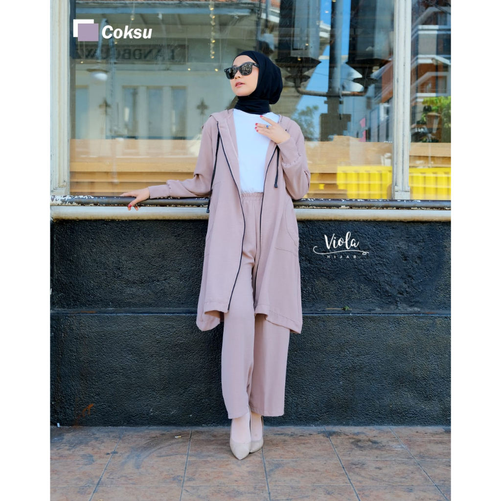 SETCEL HOODIE CATTLEYA ORI VIOLA HIJAB KUPLUK WAFLE UNIQLO LONG CARDIGAN CASUAL OOTD SET INNER FASHION REMAJA TERKINI STREET STYLE HANGOUT
