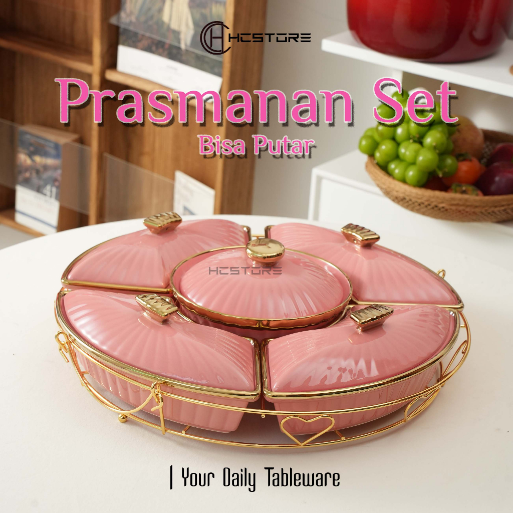 Jual Set Prasmanan Besar Putar Keramik Isi Item Dengan Rak Gold Mewah