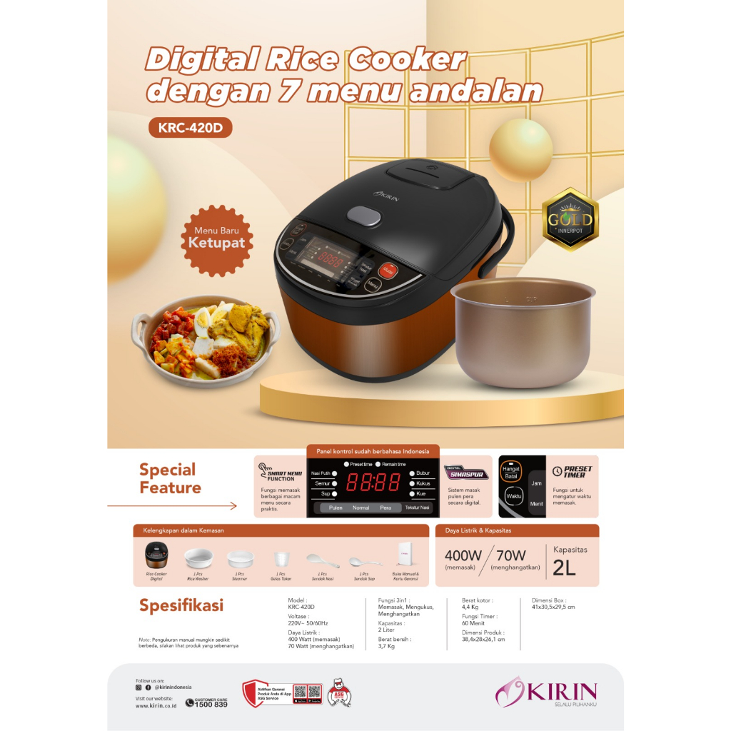 Jual Kirin Digital Series Rice Cooker 2 Liter KRC-420D / Penanak Nasi ...