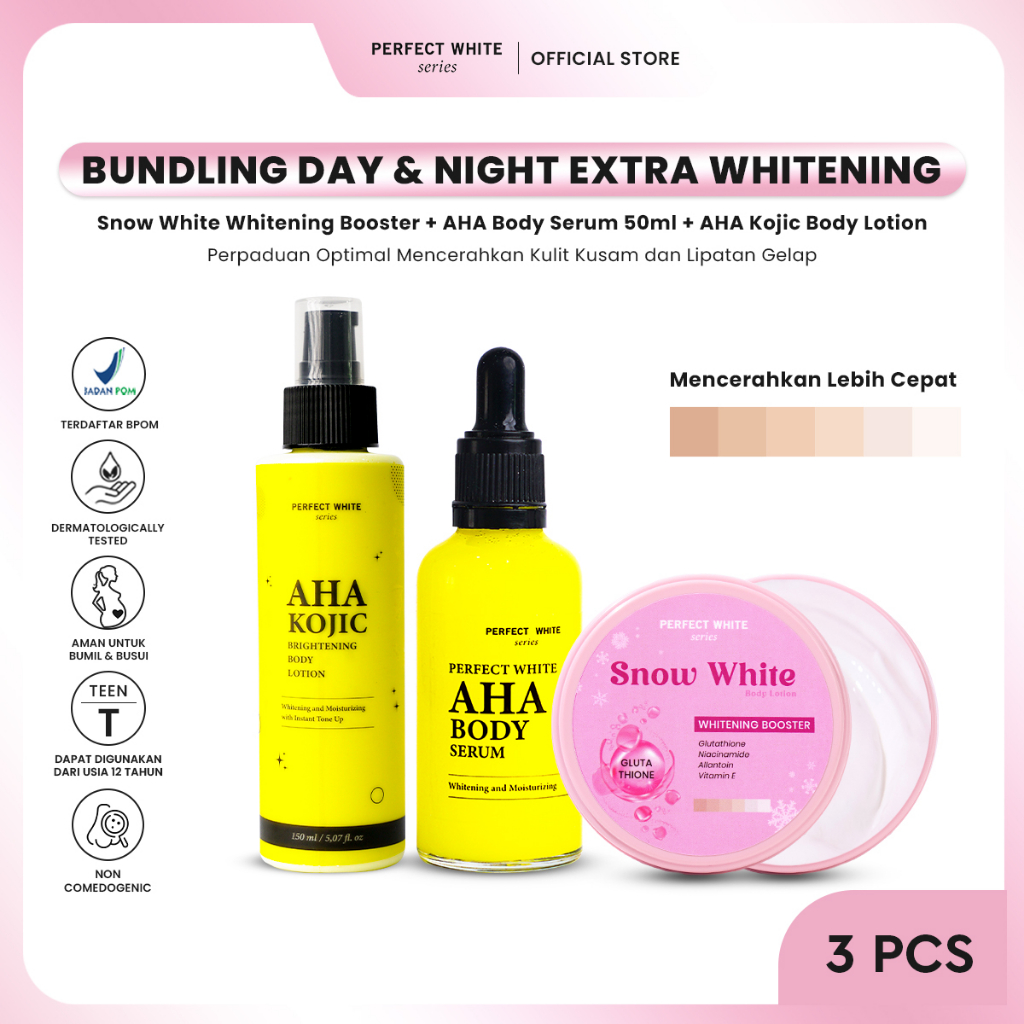 Jual PERFECT WHITE SERIES AHA Body Serum 50ml + AHA Body Lotion + Snow