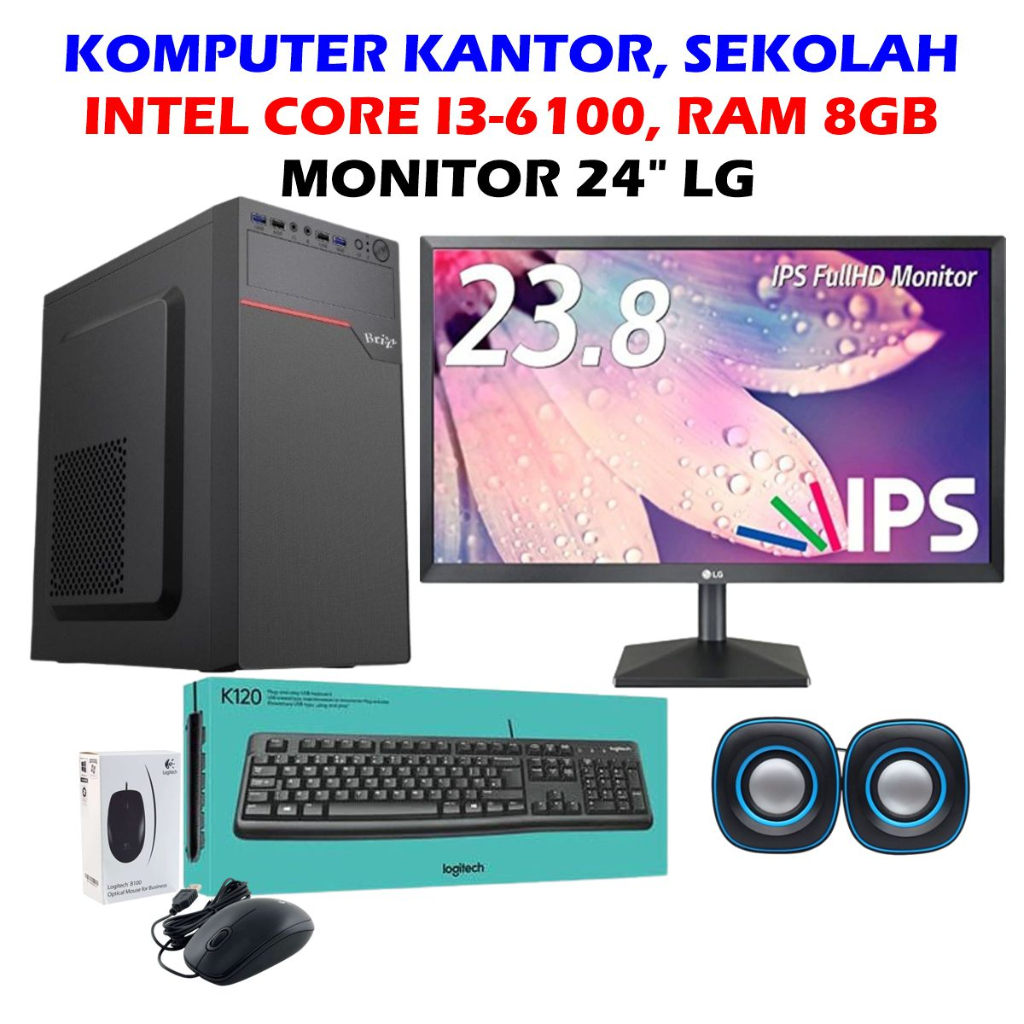 PAKET KOMPUTER KANTOR CORE I3-6100 GEN 6 + LED LG WIDE KEYBOARD MOUSE LOGITECH-image