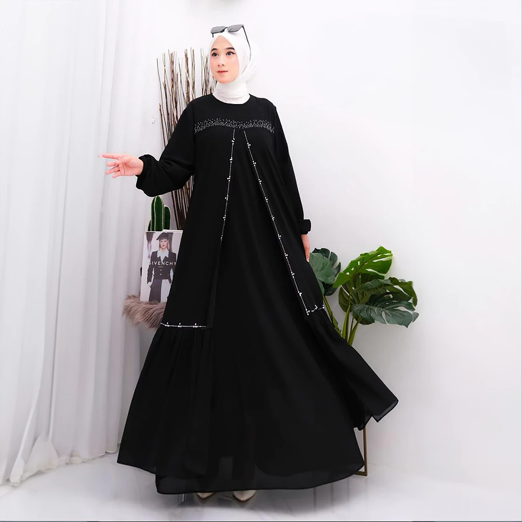 Gamis kondangan elegan bahan ceruty babydoll tampilan depan
