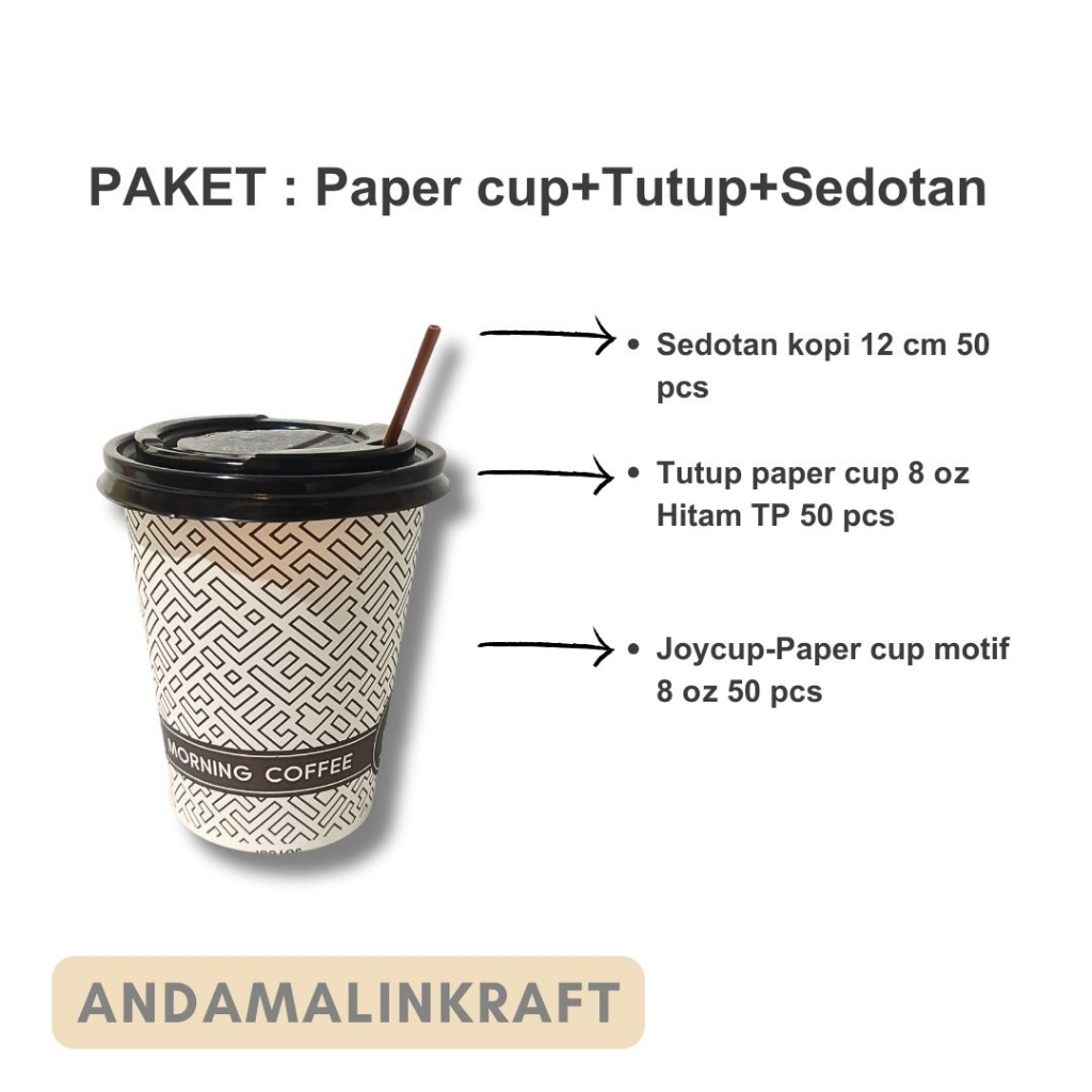 Jual Paper cup 8 oz motif merk Joycup paket dengan tutup dan sedotan 50 ...