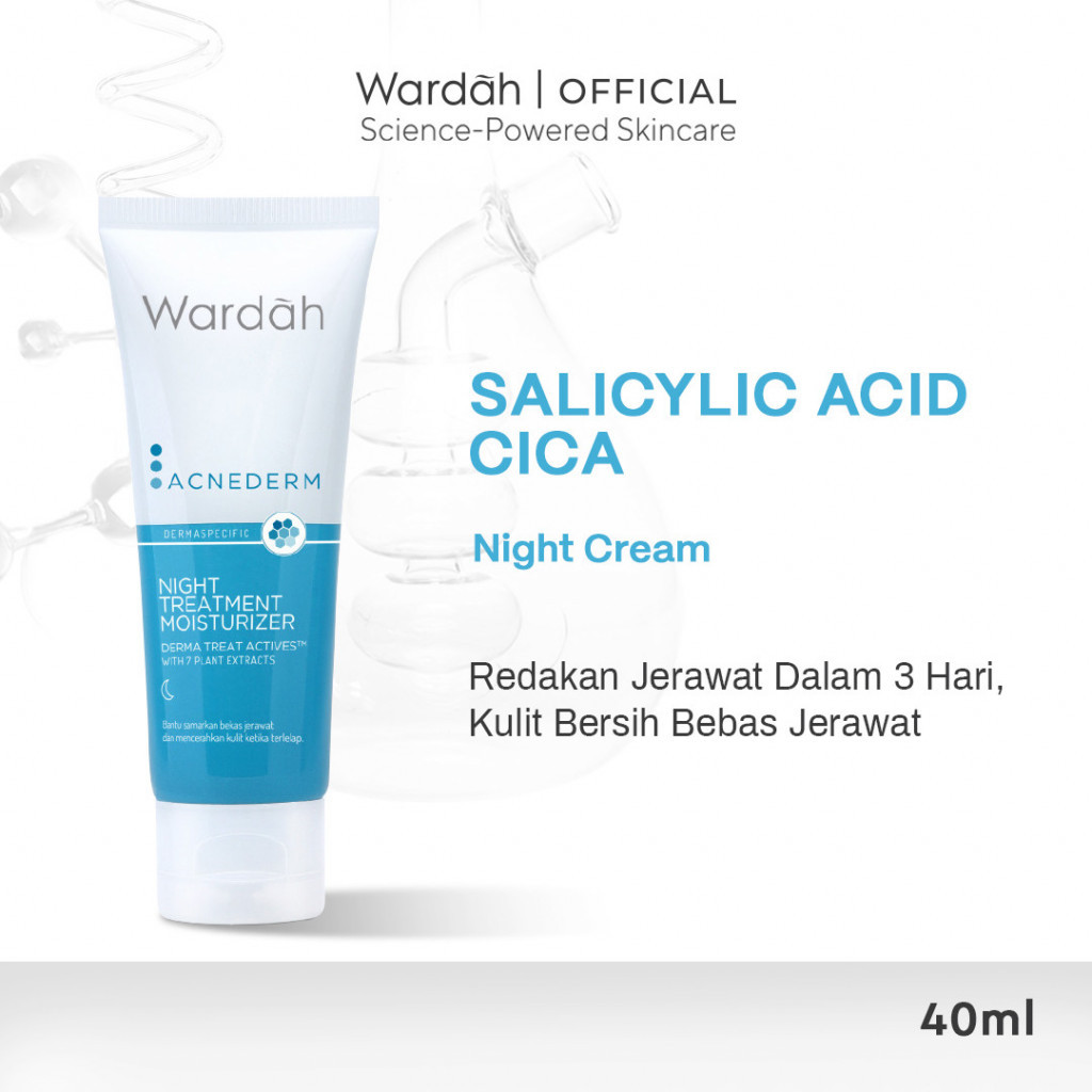 Wardah Acnederm Night Treatment Moisturizer 40 ml - Pelembab Wajah Berjerawat dengan BHA - Krim Malam untuk Mencerahkan Kulit - Untuk Semua Jenis Kulit