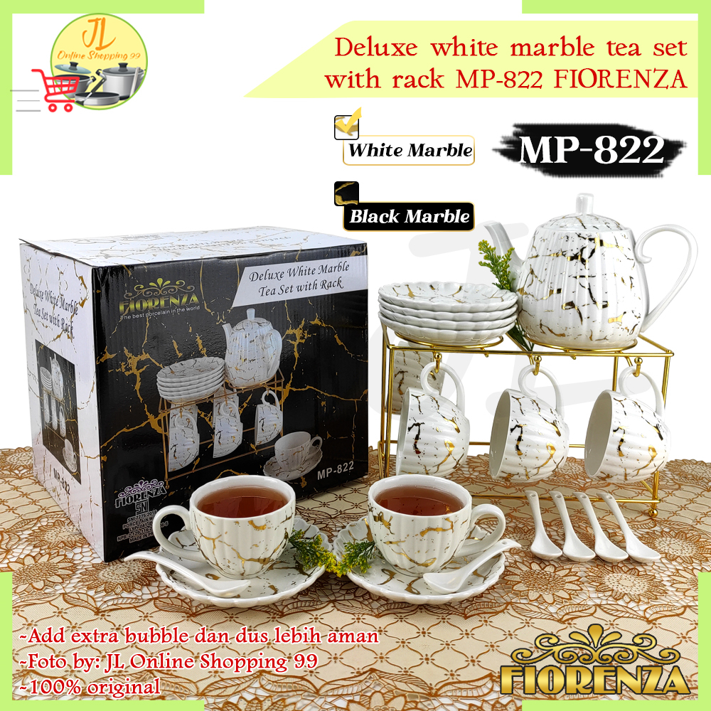 Jual FIORENZA Tea set with rack + sendok + tatakan motif duluxe white ...