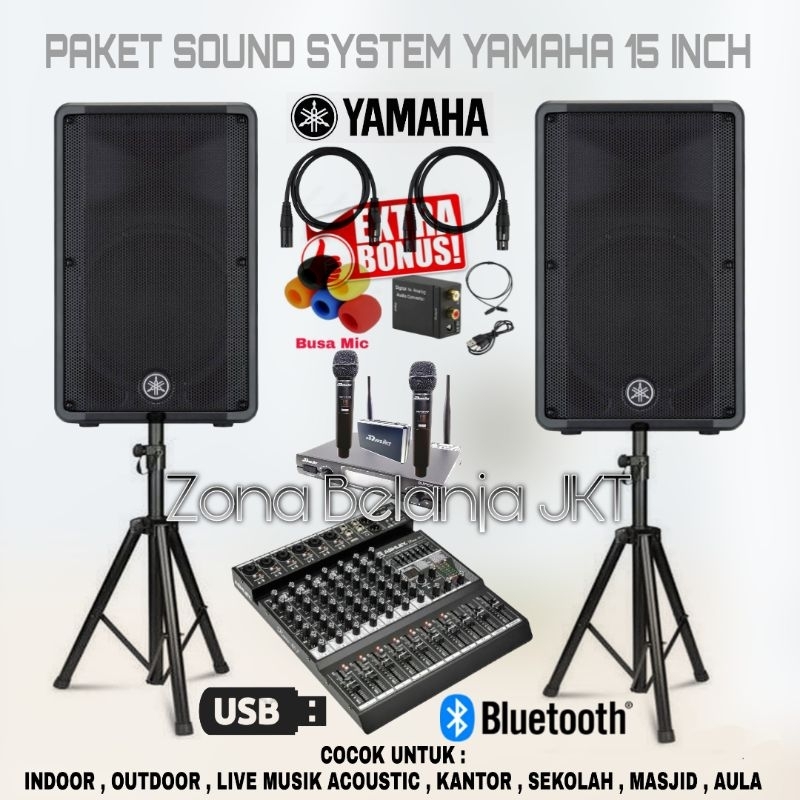 PAKET SOUND SYSTEM INDOOR OUTDOOR LIVE MUSIK SPEAKER YAMAHA DBR 15 AKTIF 15  INCH MIXER CHANNEL USB BLUETOOTH ORIGINAL MURAH BERKUALITAS