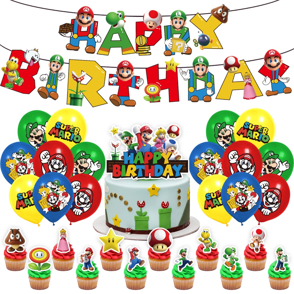 Jual PAKET SET DEKORASI PESTA ULANG TAHUN MOTIF MARIO BROSS BANNER BALON TOPPER KUE CUP CAKE