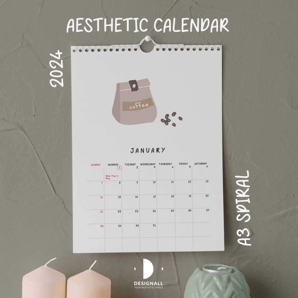 Jual Designall Kalender Dinding Aesthetic 2024 A3 Spiral PK | Shopee ...