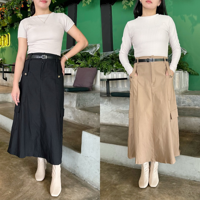 Jual ENMEI Rexa Cargo Skirt - Rok Maxi Wanita - Rok Hijab - Rok Cargo ...