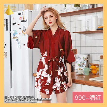 BD Kimono Panjang Dan Pendek Bahan Satin Premium Motif Flamingo Baju Tidur Pengantin BD08 09