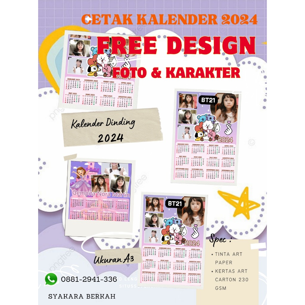 Jual Cetak Kalender Dinding Custom Foto Dan Karakter 2024 Free Desain ...