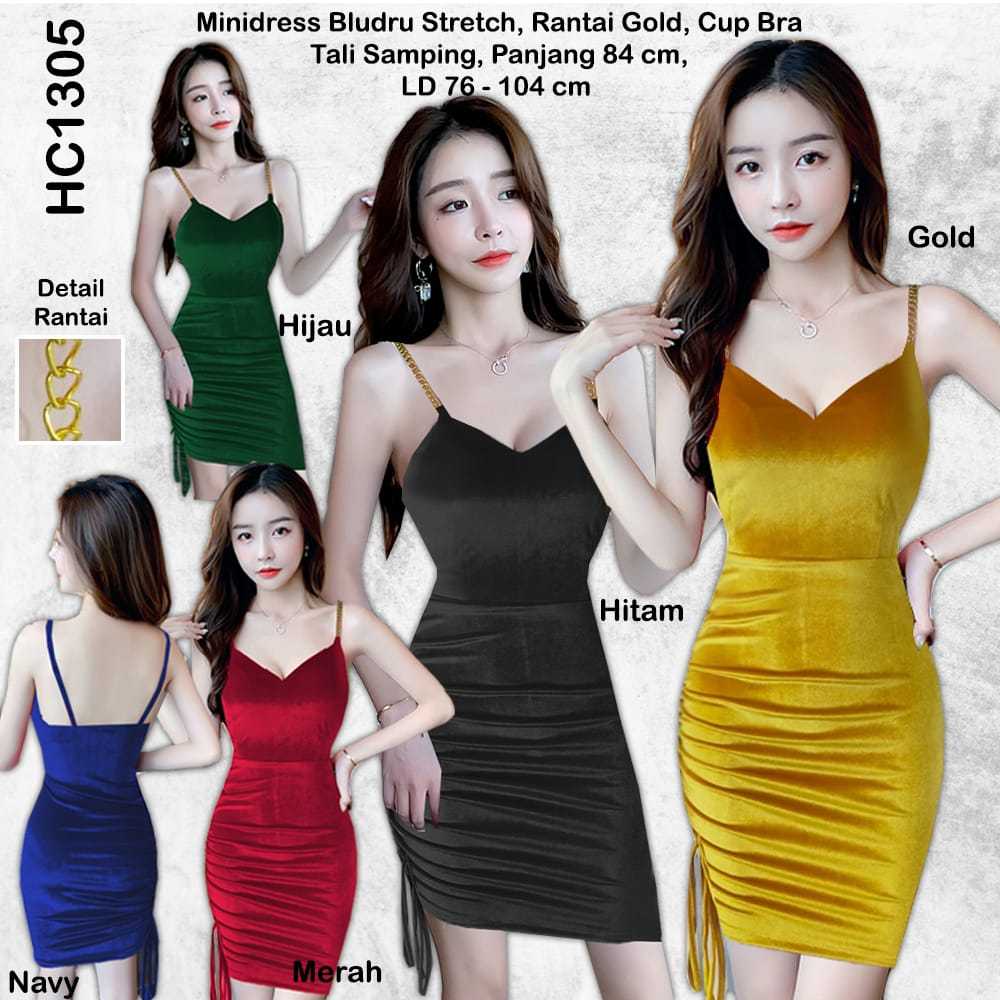 Jual HC1305 Minidress Rantai Gold Bludru Stretch Bodycon + Cup Bra ...