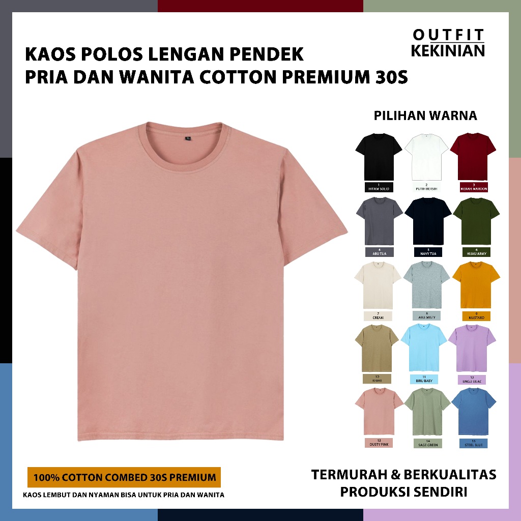 Jual KAOS POLOS LENGAN PENDEK PRIA DAN WANITA BAHAN COTTON COMBED 30S ...