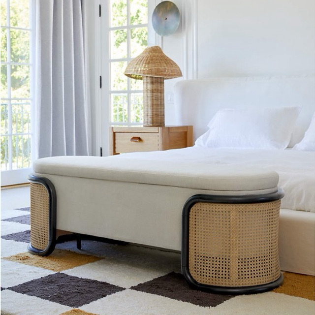 Jual Bench Stool Storage Kombinasi Anyaman Rotan Motif Bulat / Anyaman