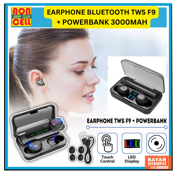 Headset Bluetooth TWS F9 Powerbank 3000Mah Charging Case Wireless  Earphone Bass Stereo