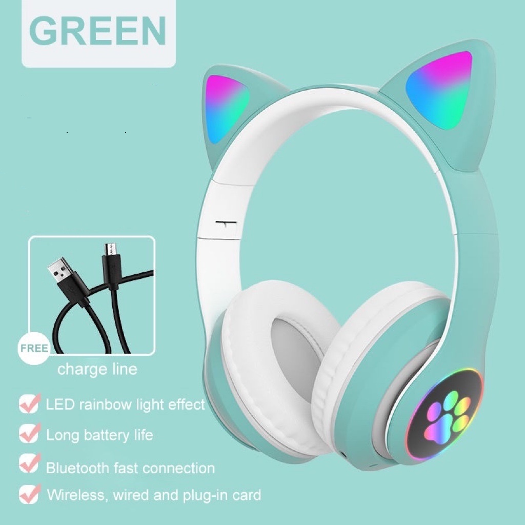 Jual Headset Headphone bluetooth gaming kucing android bass LED Light with Mic/Foldable HiFi