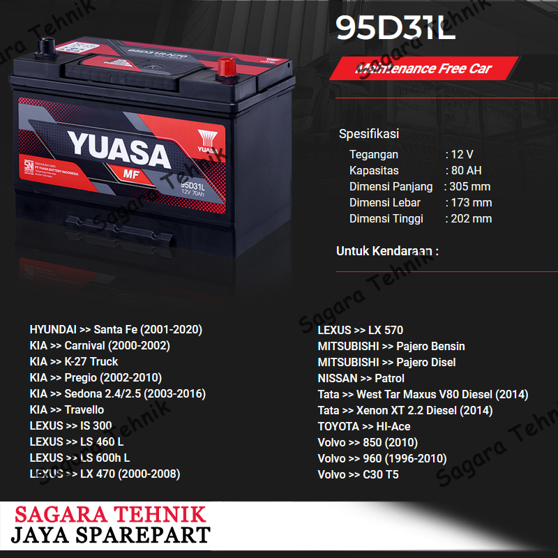 Jual AKI KERING YUASA MF 95D31L 80 Ah 12V PAJERO STRADA LEXUS HI-ACE