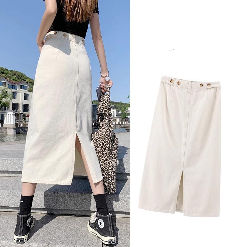 Jual Emily Rok- Krem New Jeans Kembali Split Rok Jeans Wanita A-Line ...